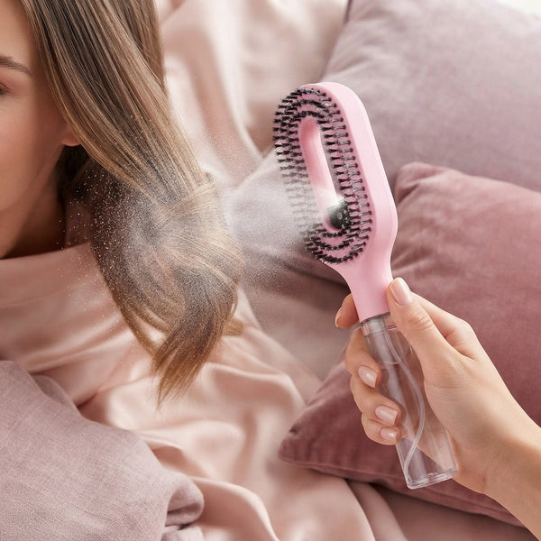 A close-up of a 2-in-1 spray comb emitting a fine nano-mist into someone's hair in a brightly lit, modern setting.