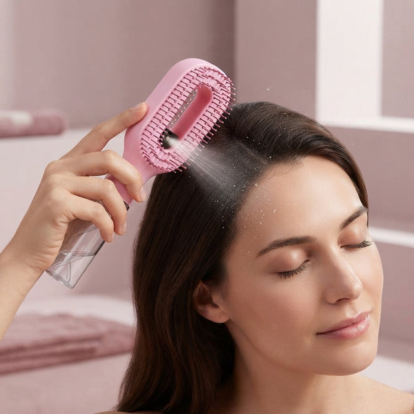 A woman receiving a gentle scalp massage with a 2-in-1 spray comb in a serene, modern room with soft pink and mauve accents.